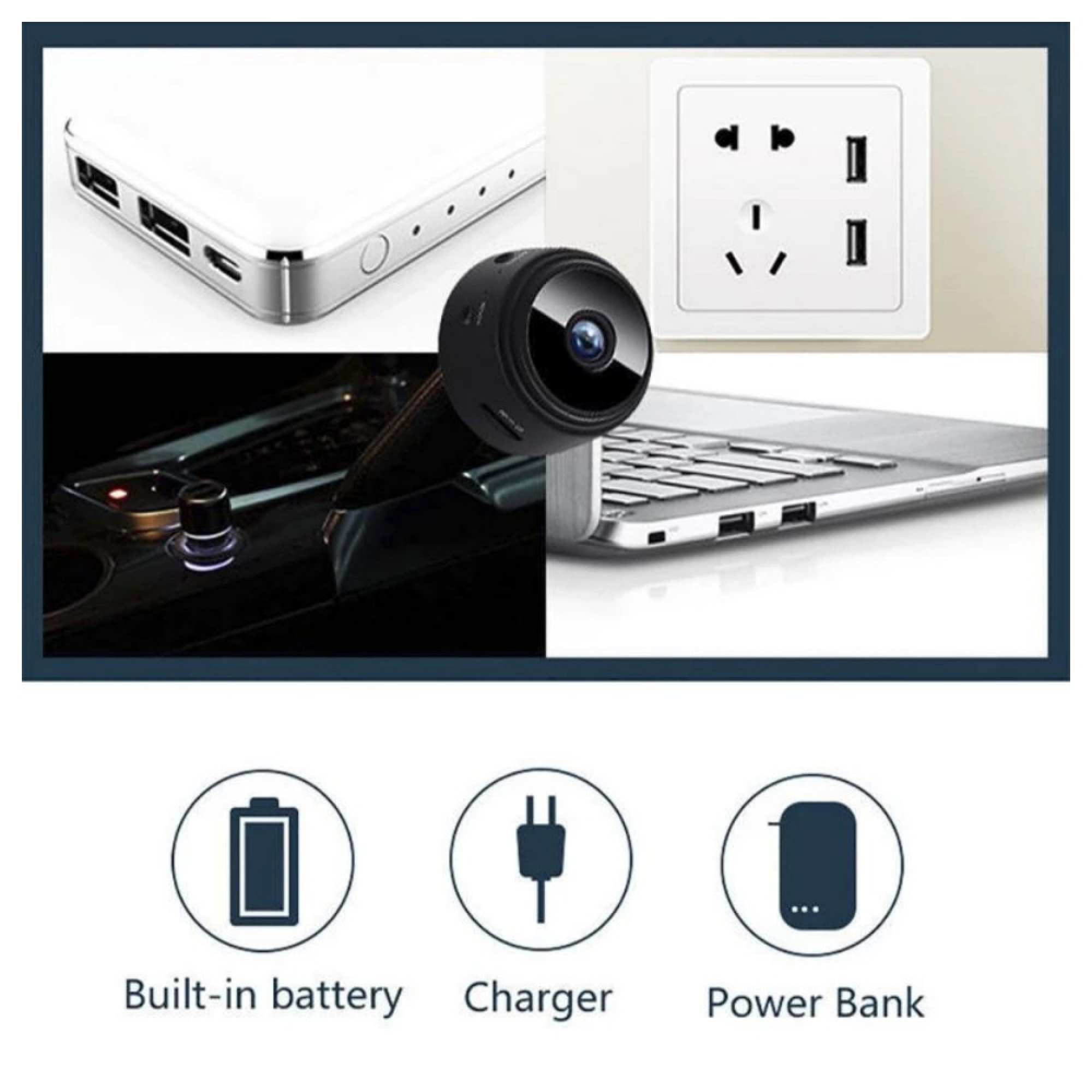 Ein Collage aus einem weißen Powerbank, einer kleinen schwarzen Kamera, einer Steckdose und einem Laptop.
