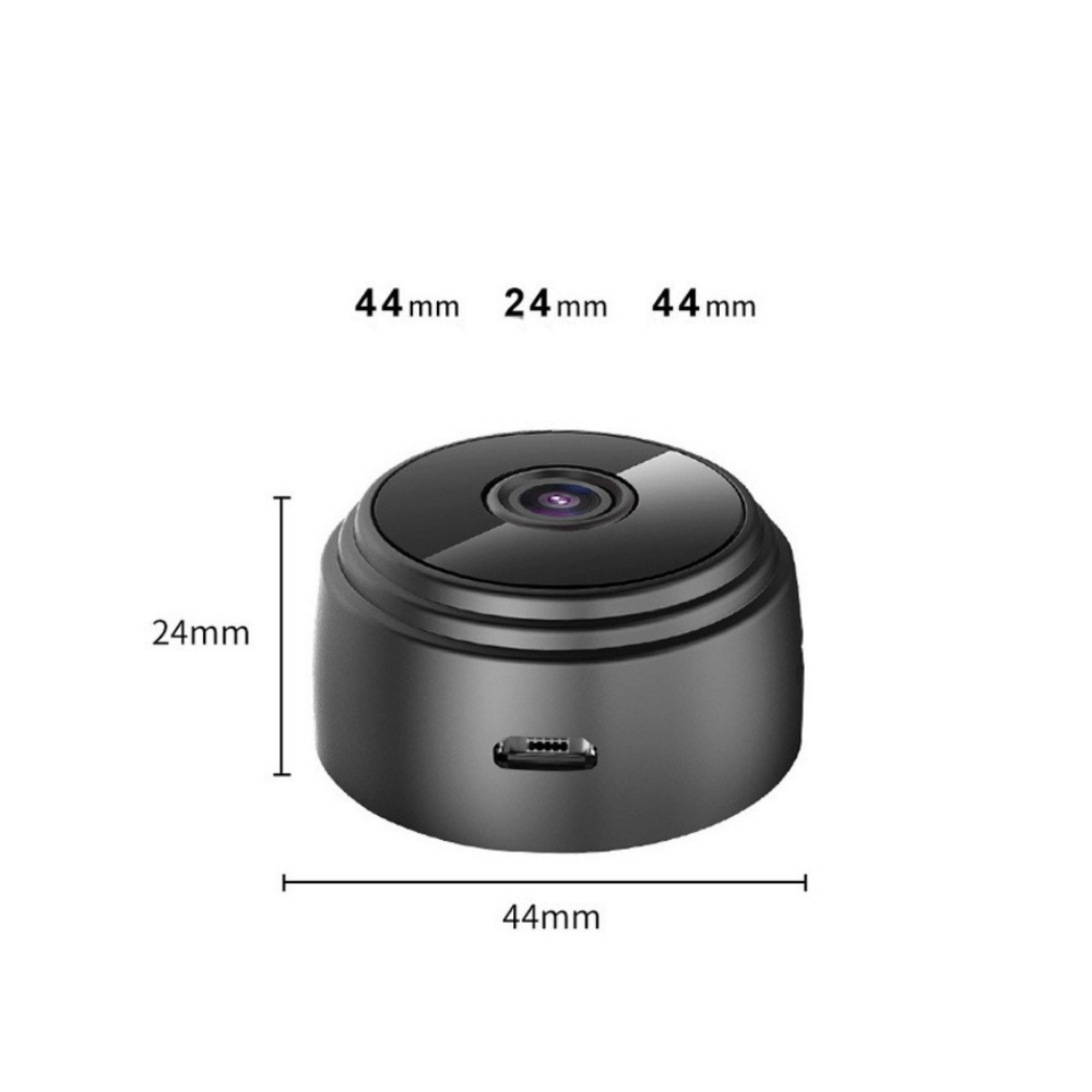 Kleine schwarze Kamera mit Maßen 44x24mm und USB-Anschluss.