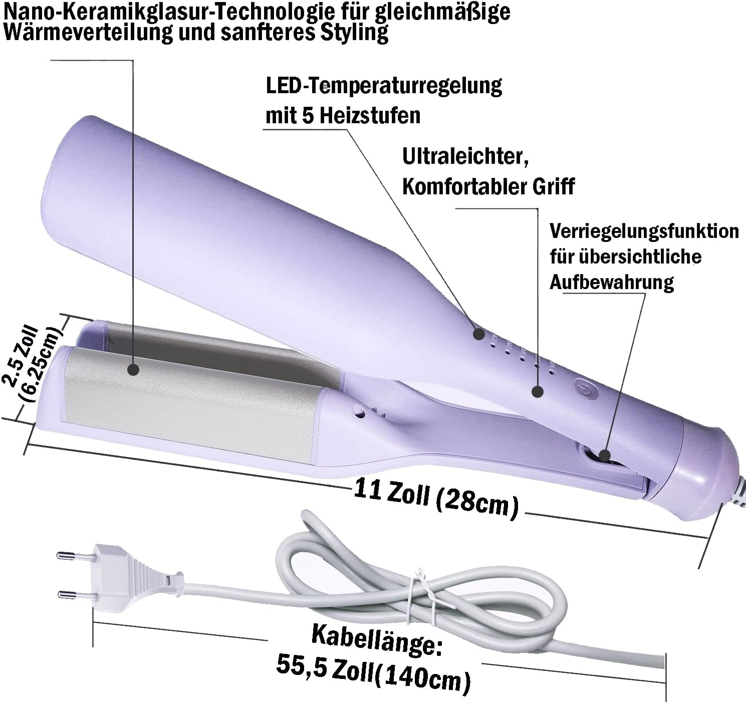 Lila Haarglätter mit Keramikplatten, LED-Anzeige und Kabel.