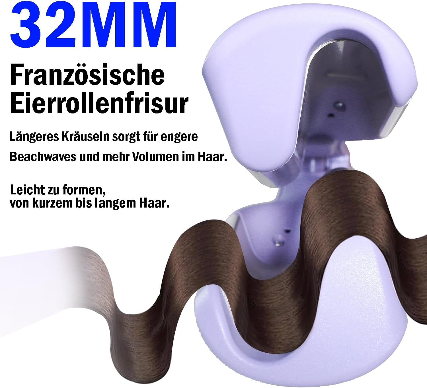 32mm Haarwickler mit braunem Haar, das zu Beachwaves geformt wird.