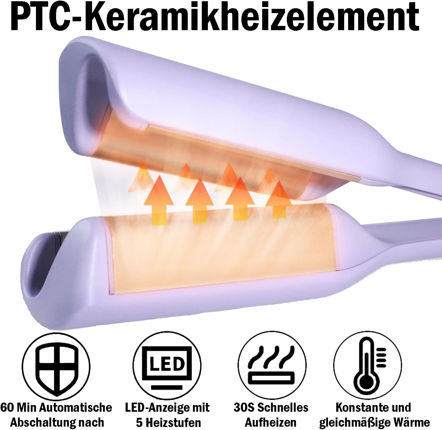 Lila PTC Keramik Haarglätter mit Heizsymbolen und Icons für Funktionen.