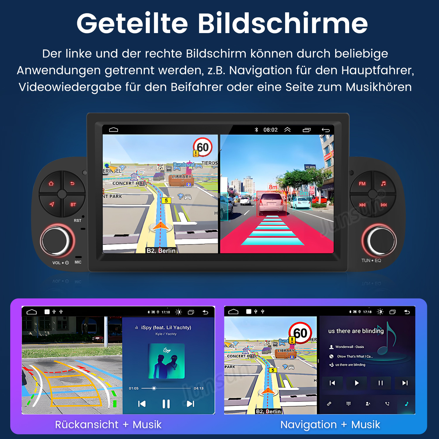 Ein Autoradio mit geteiltem Bildschirm, das Navigation und Musik anzeigt.