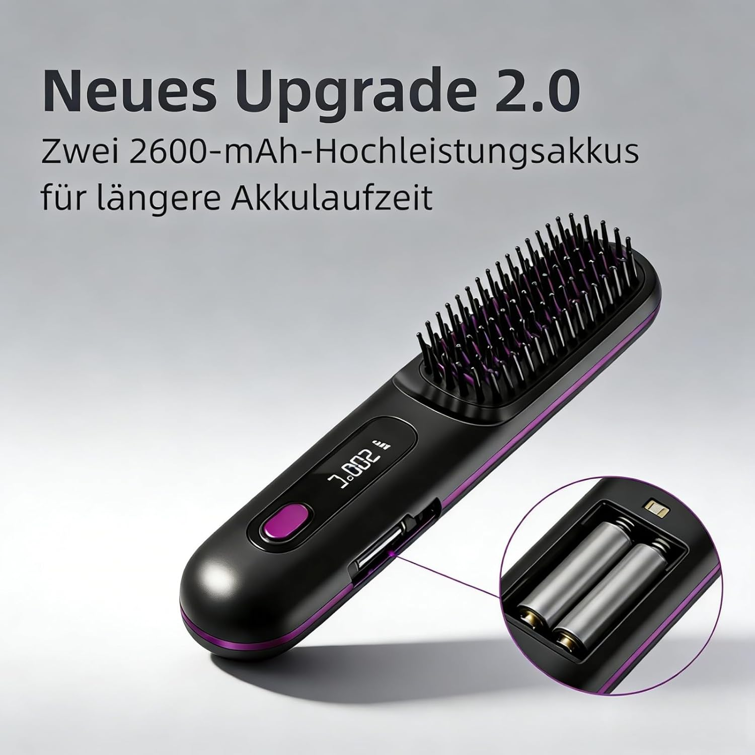 Schwarzer Glättungskamm mit violetter Umrandung und zwei Batterien.
