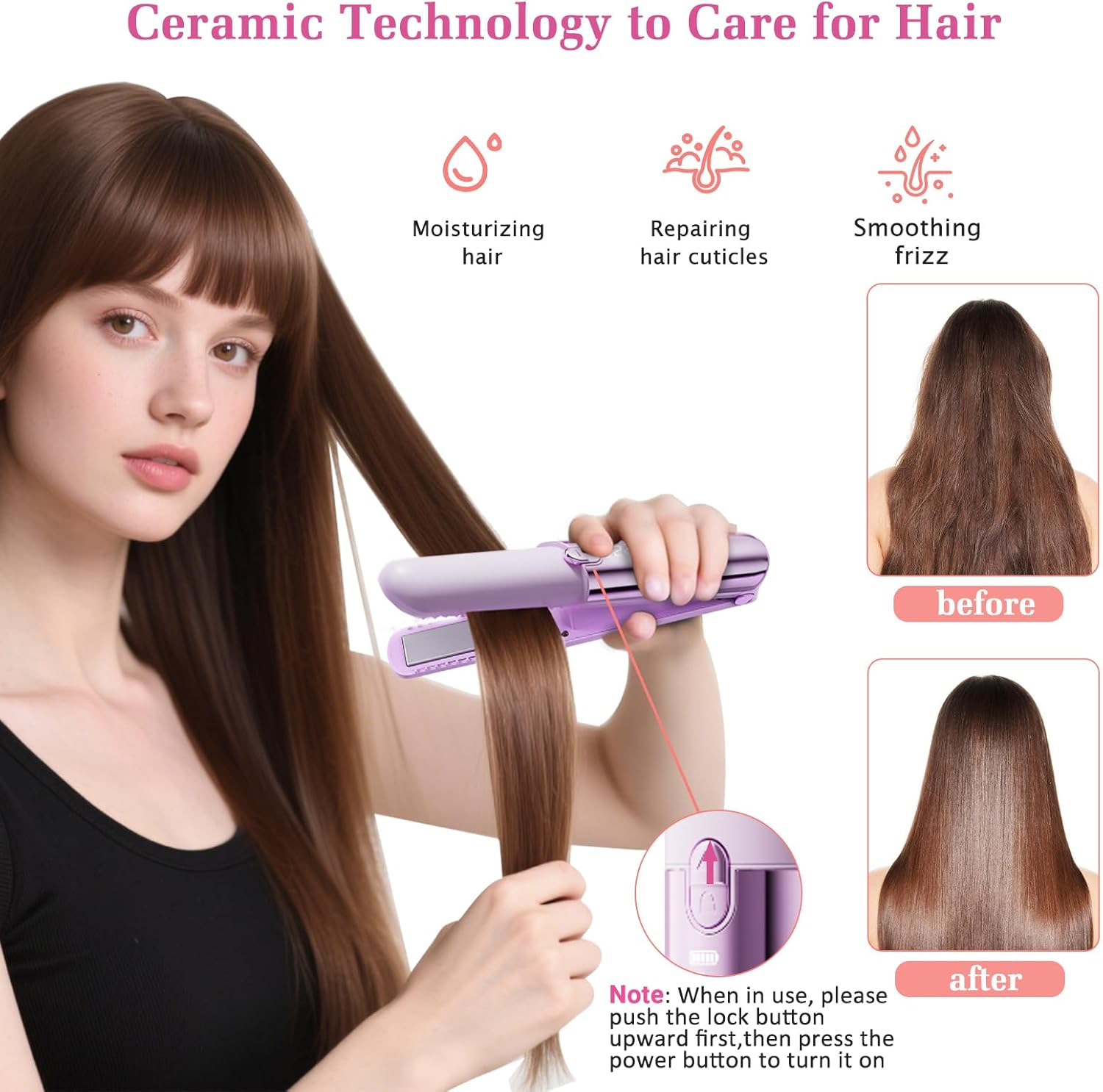 Frau mit Glätteisen, das die Haare glättet. Vorher/Nachher-Vergleich.