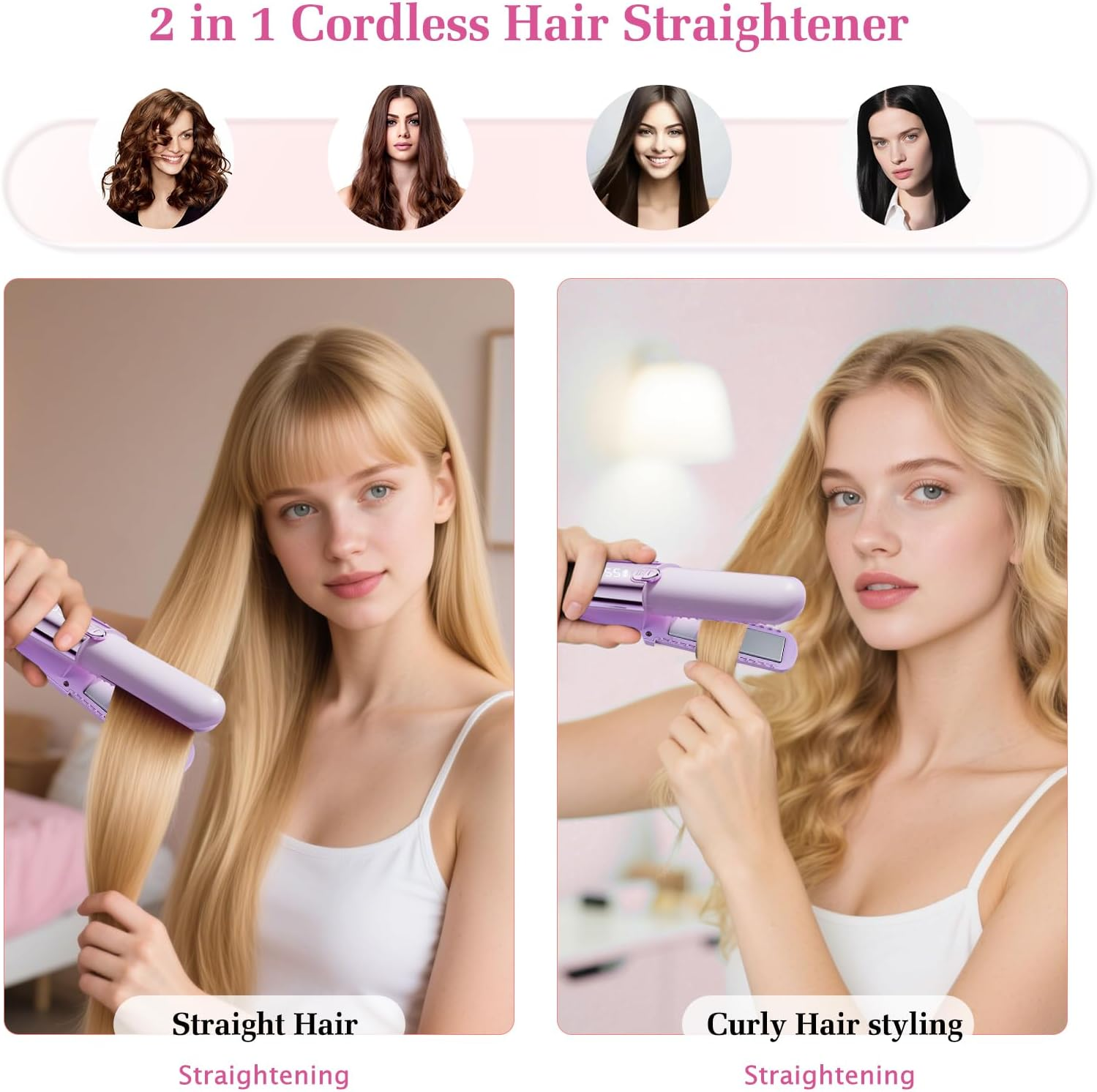 Zwei Frauen stylen ihr Haar mit einem lila Glätteisen. Eine glättet ihr blondes Haar, die andere lockt ihr blondes Haar.
