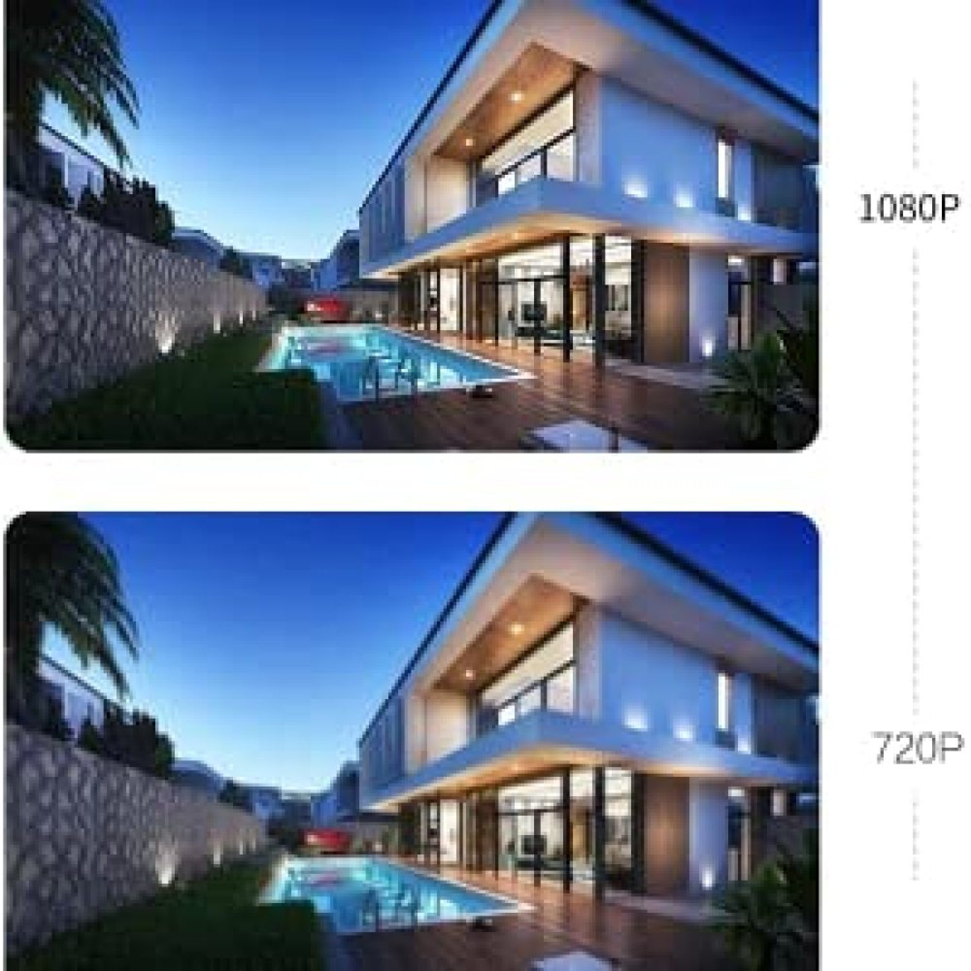Moderne Villa mit Pool bei Nacht, beleuchtet und mit blauem Himmel.