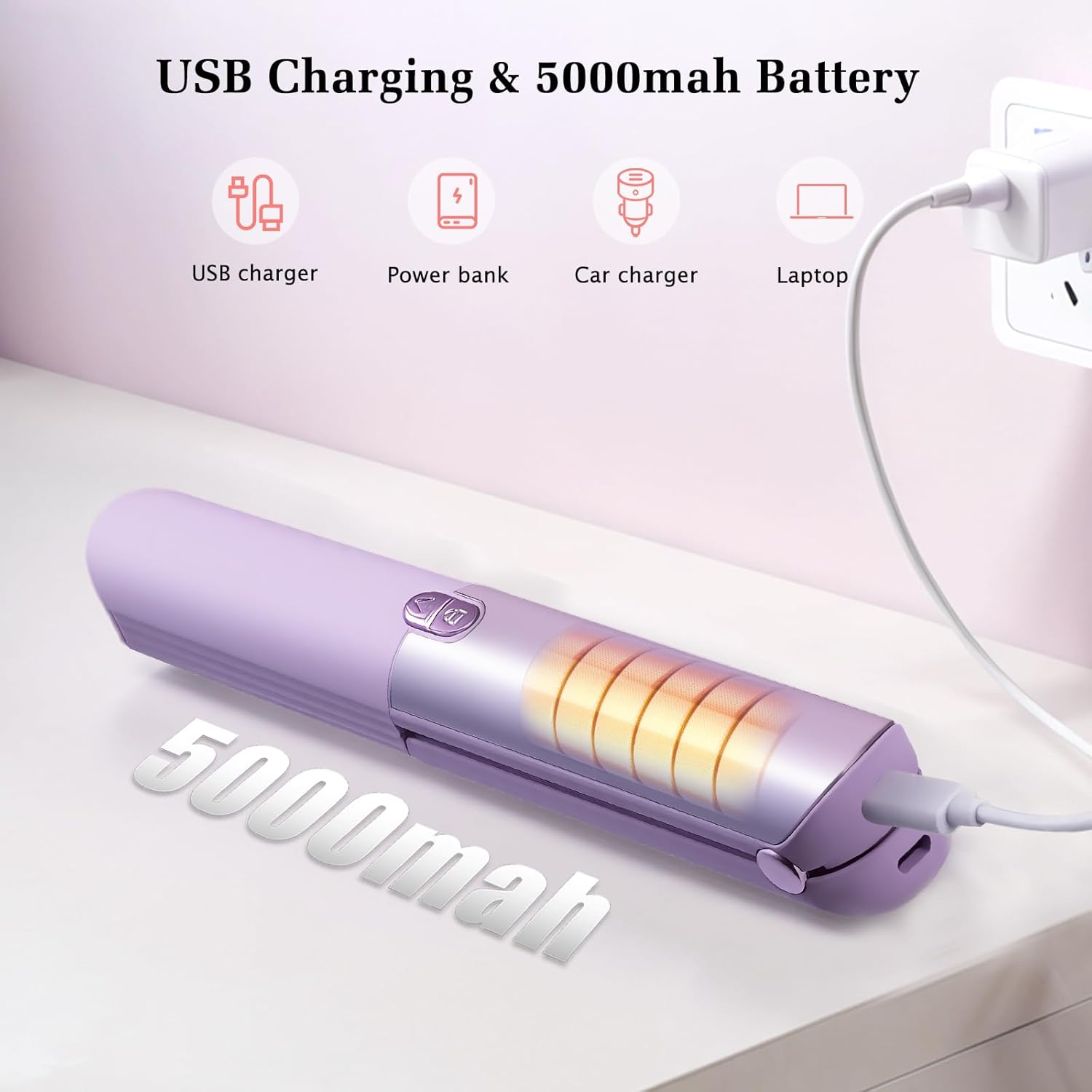 Lila USB-Ladegerät mit 5000mAh Batterie, wird an eine Steckdose angeschlossen.