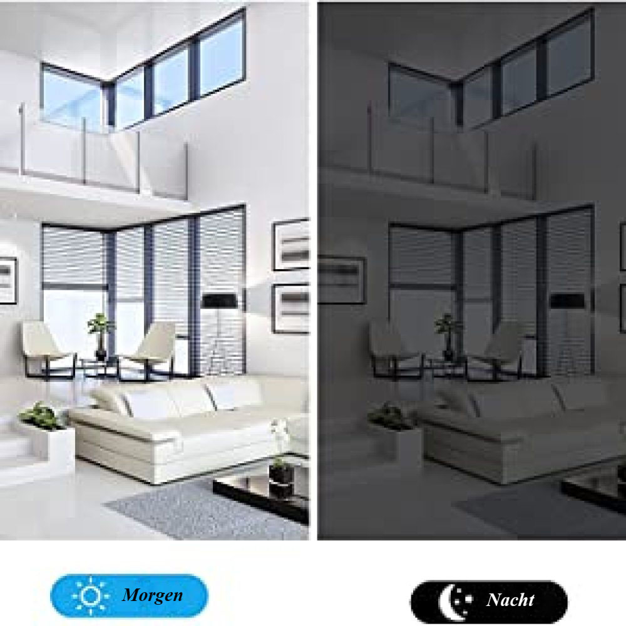 Modernes Wohnzimmer bei Tag und Nacht, mit Sofas und Fenstern.