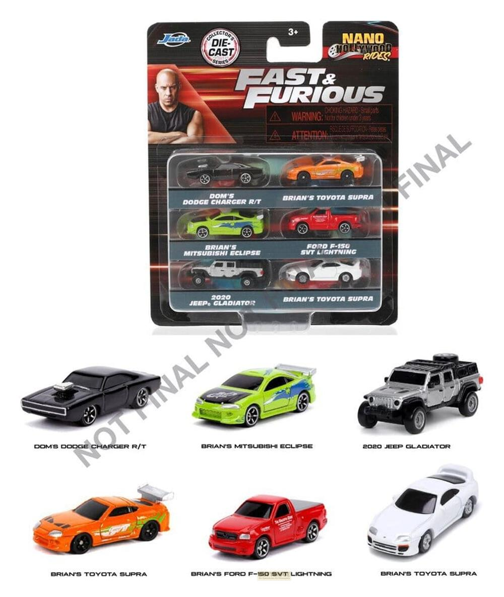 Fast & Furious Nano Hollywood Rides Spielzeugautos: Dodge Charger, Toyota Supra, Eclipse, F-150, Jeep.
