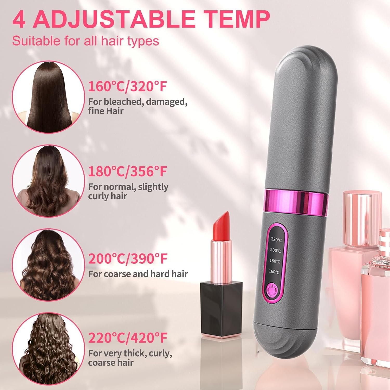 Graues Haarstyling-Gerät mit 4 Temperatureinstellungen, neben Lippenstift und Parfüm.