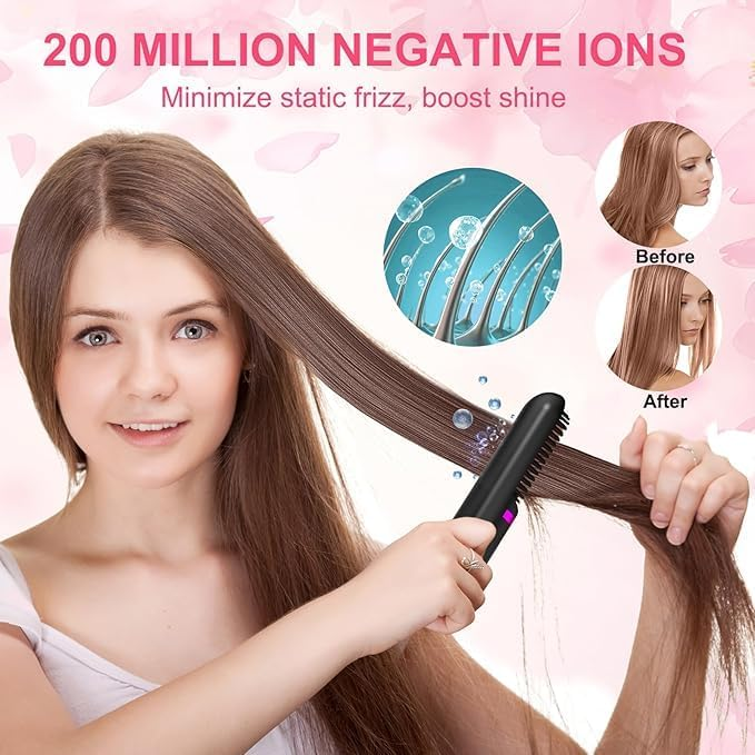 Lächelnde Frau glättet Haare mit schwarzer Ionenbürste. Vorher/Nachher-Haarvergleich.