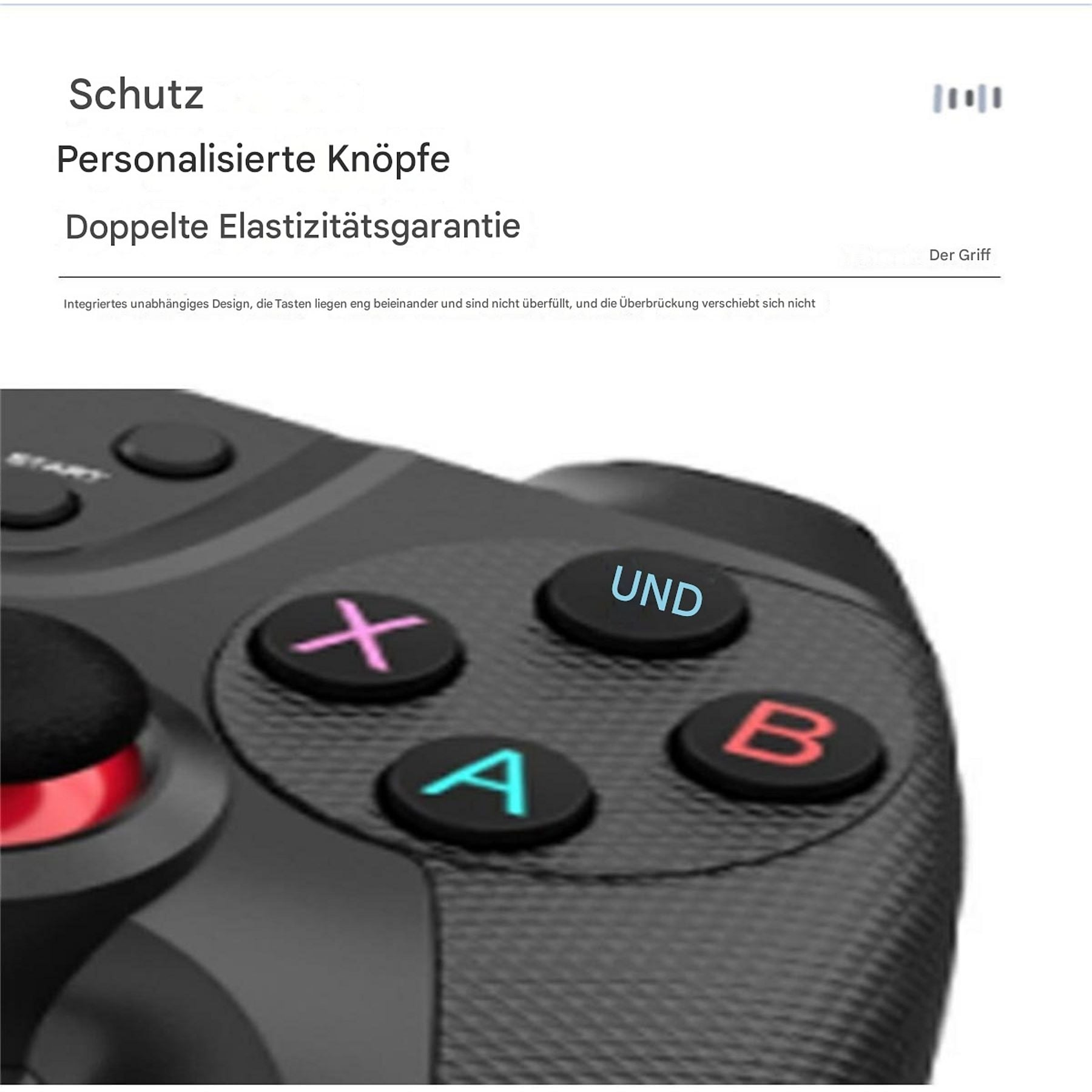 Ein schwarzer Gamecontroller mit bunten Tasten: '+', 'A', 'UND', 'B'.