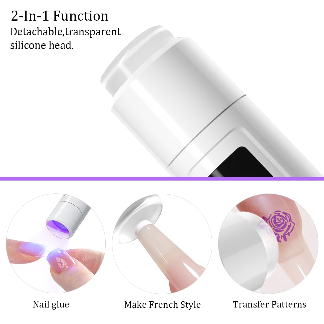 Ein weißes Nailart-Werkzeug mit drei Funktionen: Nagellack auftragen, French Nails machen, Muster übertragen.