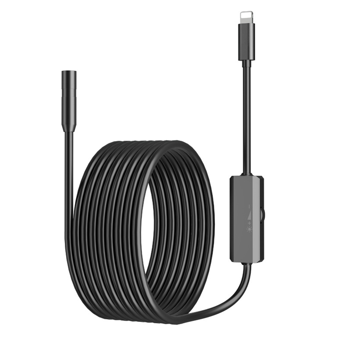 Ein schwarzes Endoskopkabel mit Lightning-Anschluss und Helligkeitsregler.