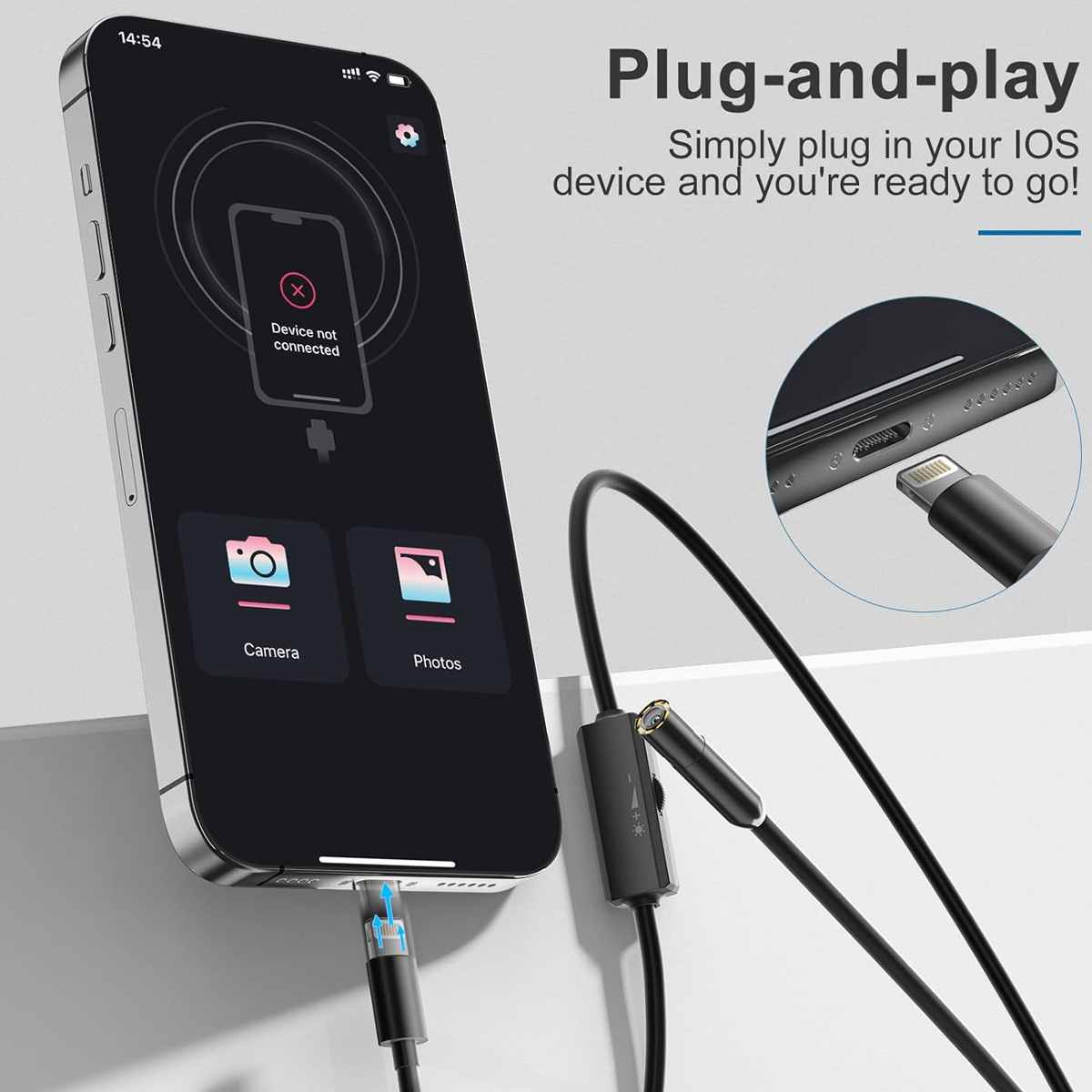 Ein iPhone zeigt "Gerät nicht verbunden" an. Ein Lightning-Kabel wird eingesteckt.