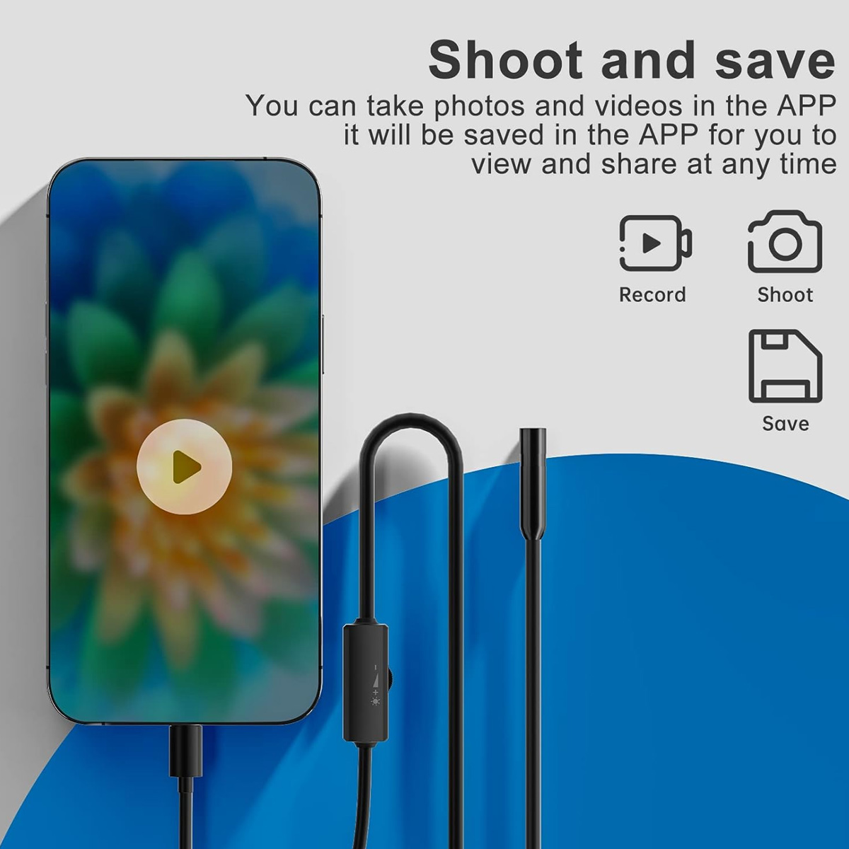 Ein Smartphone zeigt ein blumiges Bild. Ein Kabel mit einem Endoskop ist daneben.