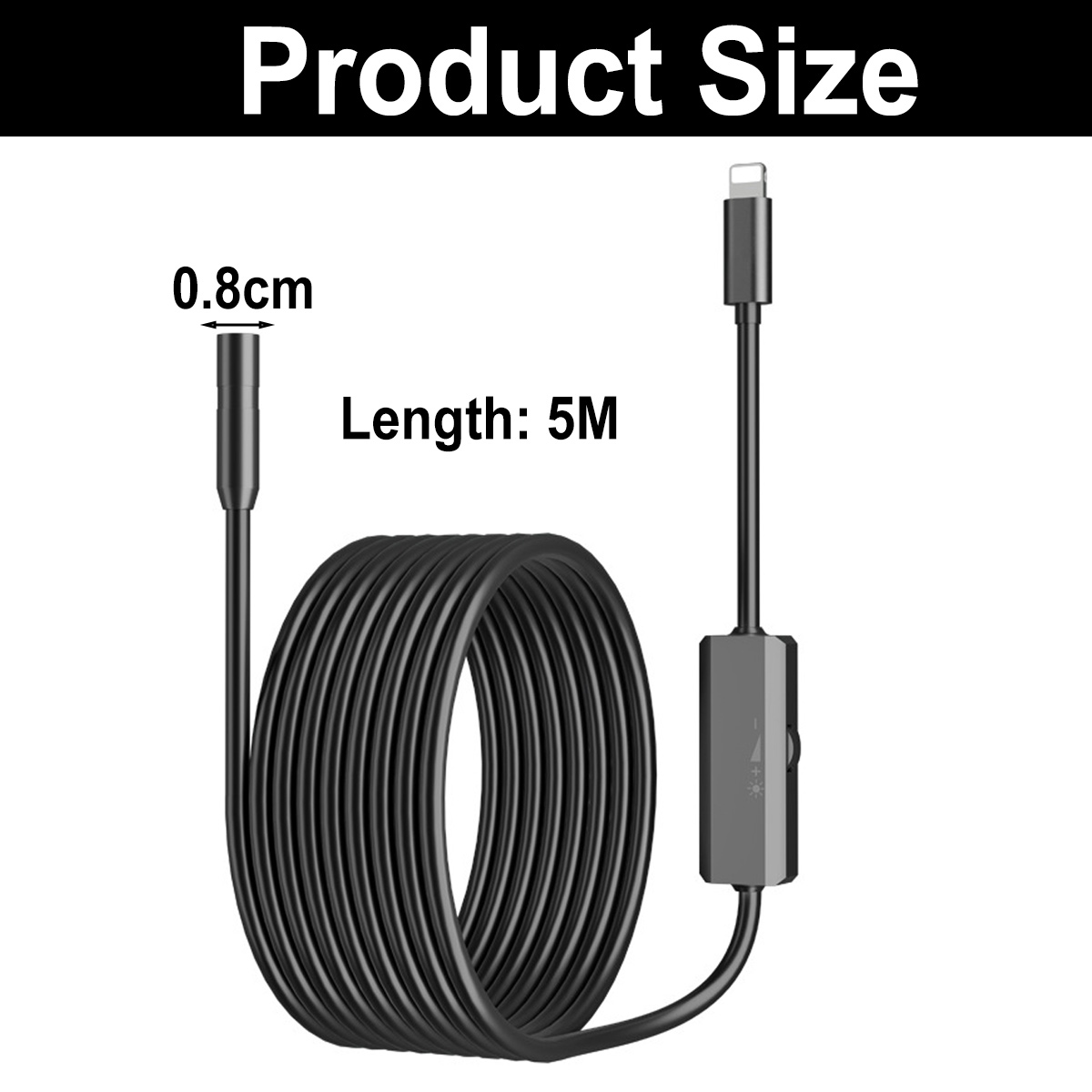 Schwarzes Kabel, 5m lang, 0,8cm dick, mit USB-Stecker.