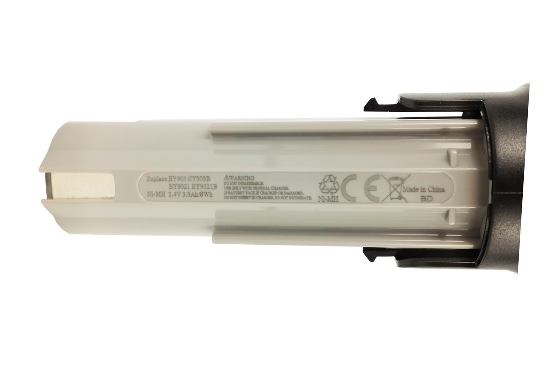 Ein weißer Ni-MH Akku mit schwarzen Halterungen, Modell BY903, 2,4V.