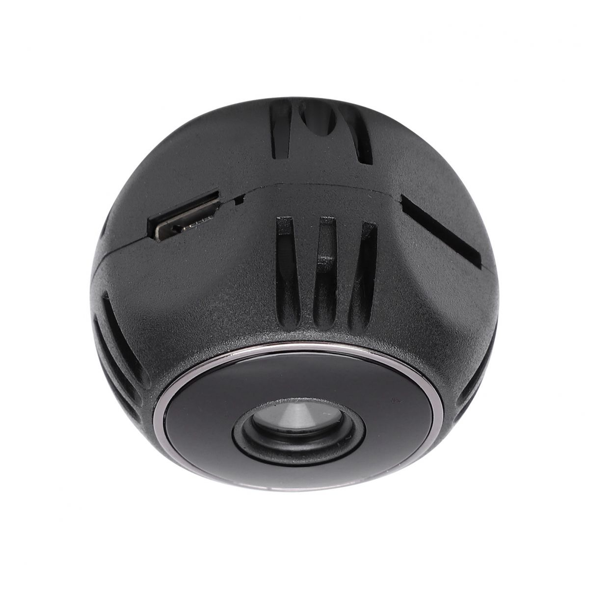 Schwarze kugelförmige Kamera mit Linse vorne und USB-Anschluss an der Seite.