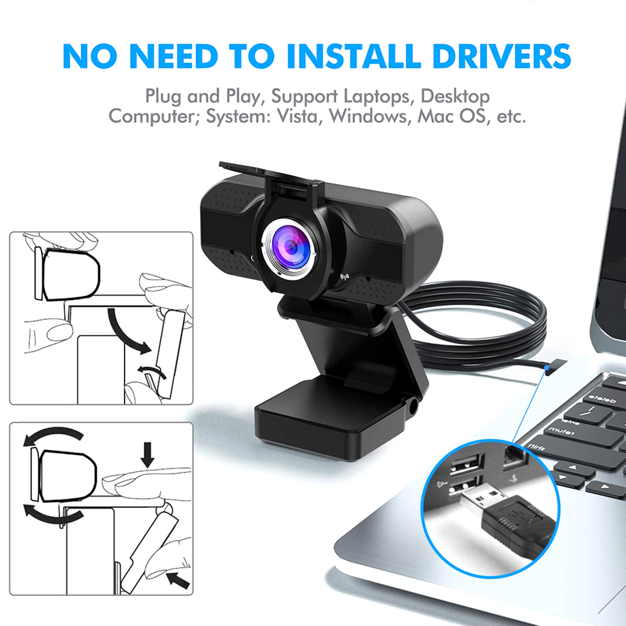 Schwarze Webcam mit USB-Anschluss an einem Laptop, Plug-and-Play-fähig.