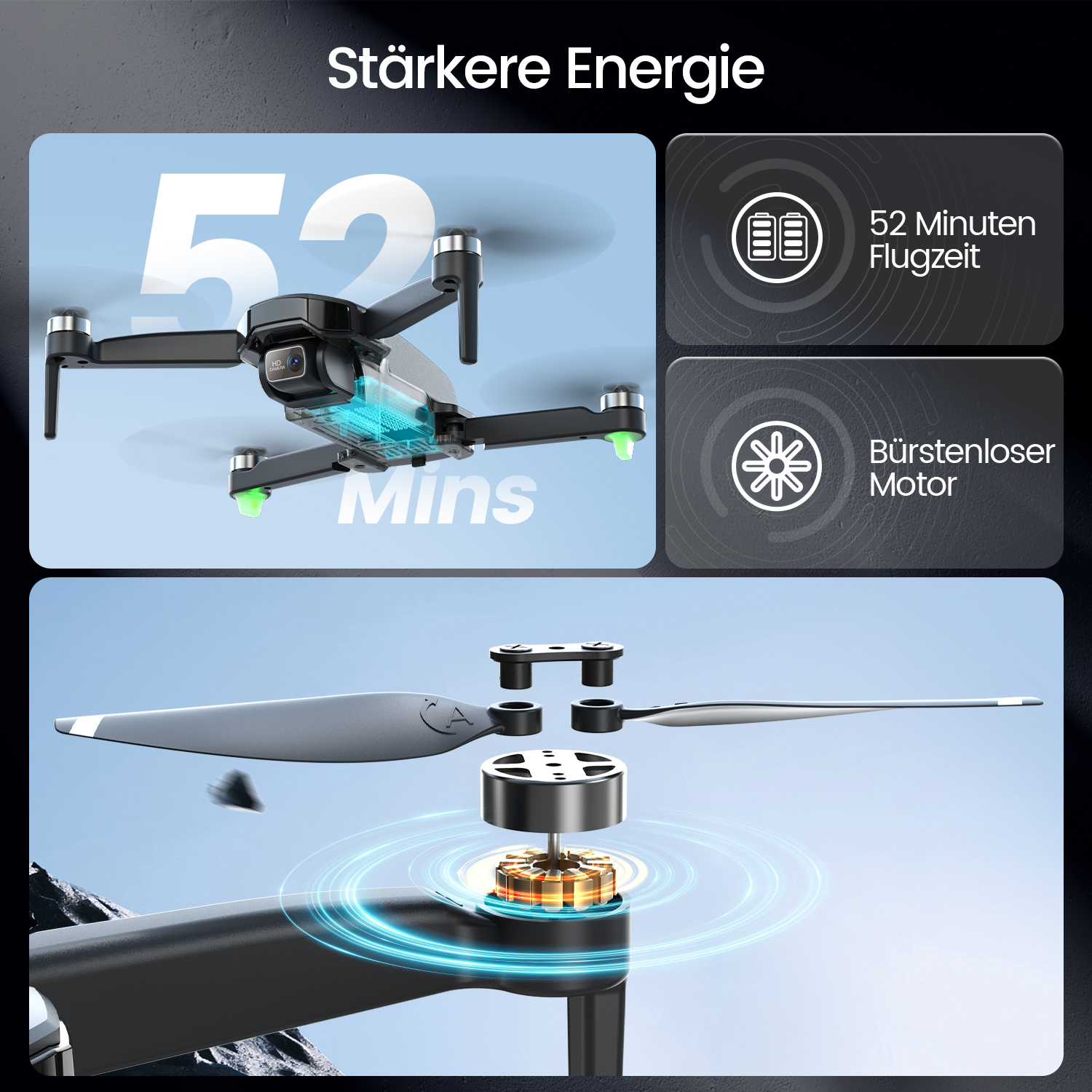 Ein schwarzer Drone mit 52 Minuten Flugzeit und bürstenlosem Motor.