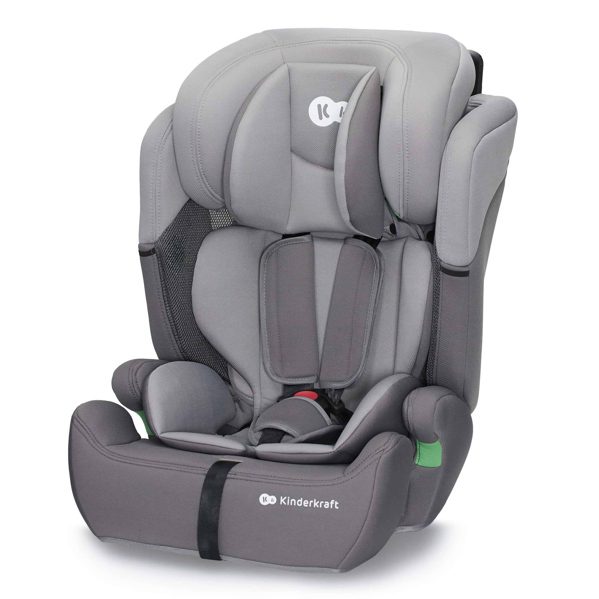 Grauer Kindersitz mit Logo auf weißem Hintergrund.