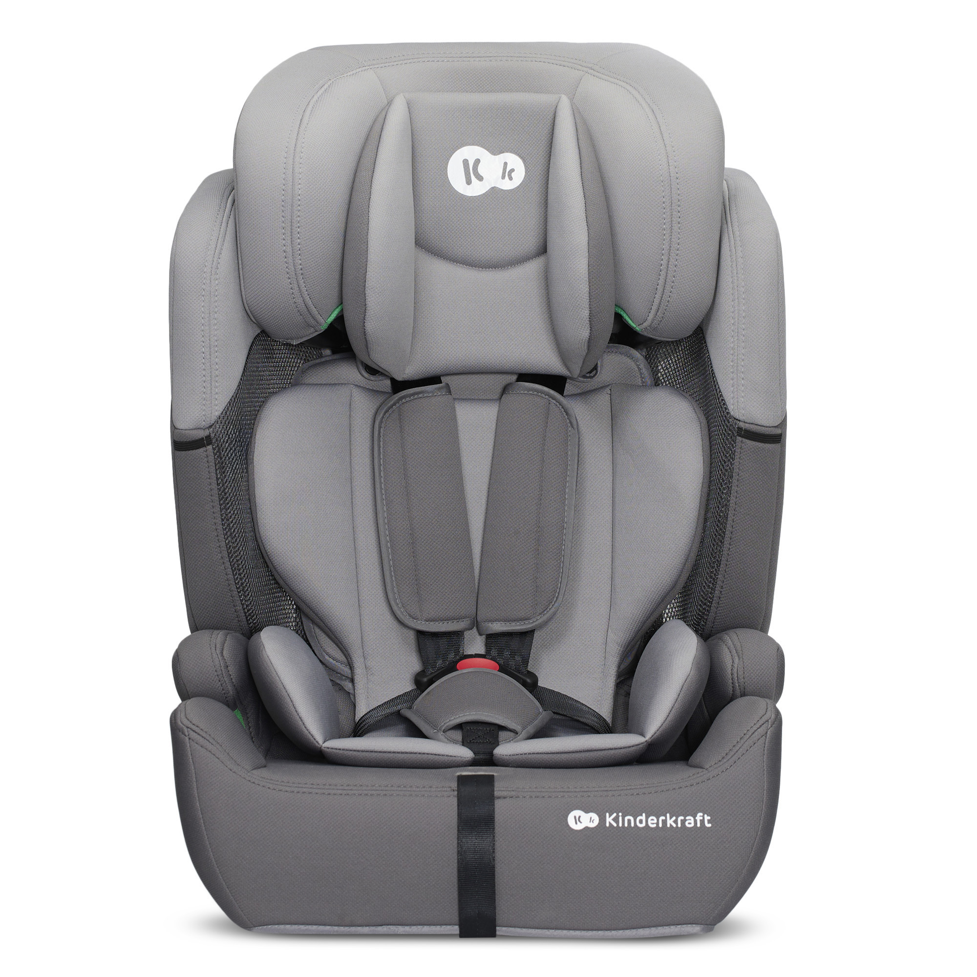 Grauer Kindersitz mit Kopfstütze, Gurten und Logo. Studioaufnahme.