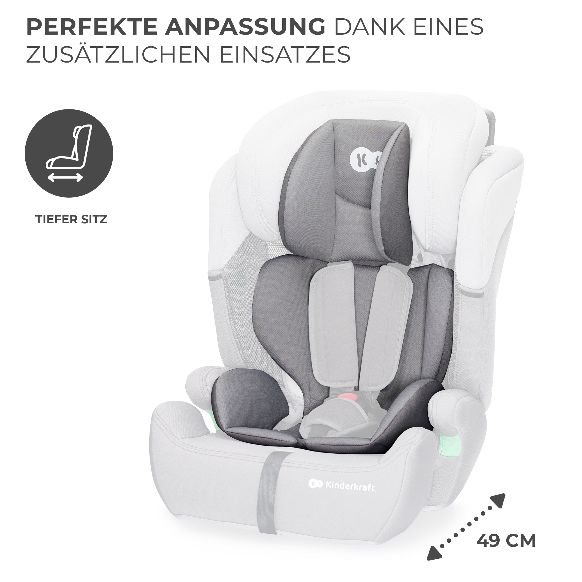 Grauer Kindersitz mit weißer Hülle, mit Gurt und einem Einsatz.