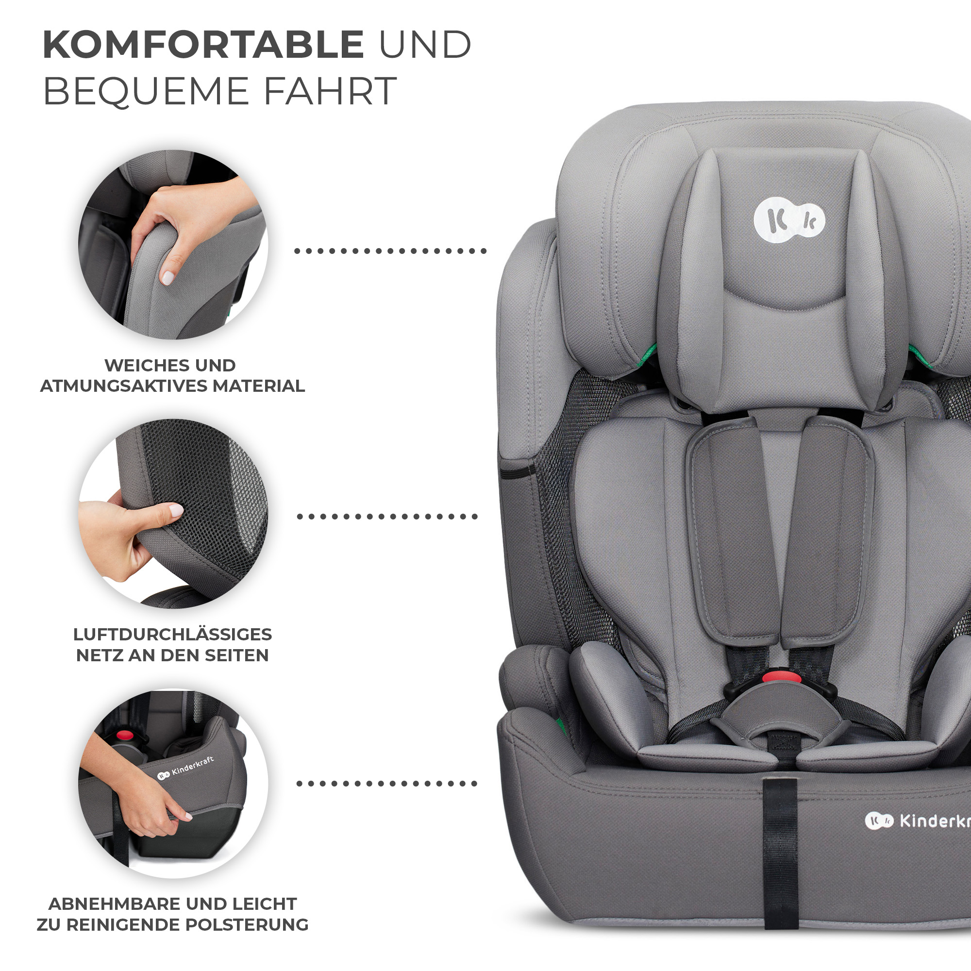 Grauer Kindersitz mit Kopfstütze, Gurten und atmungsaktivem Netz.