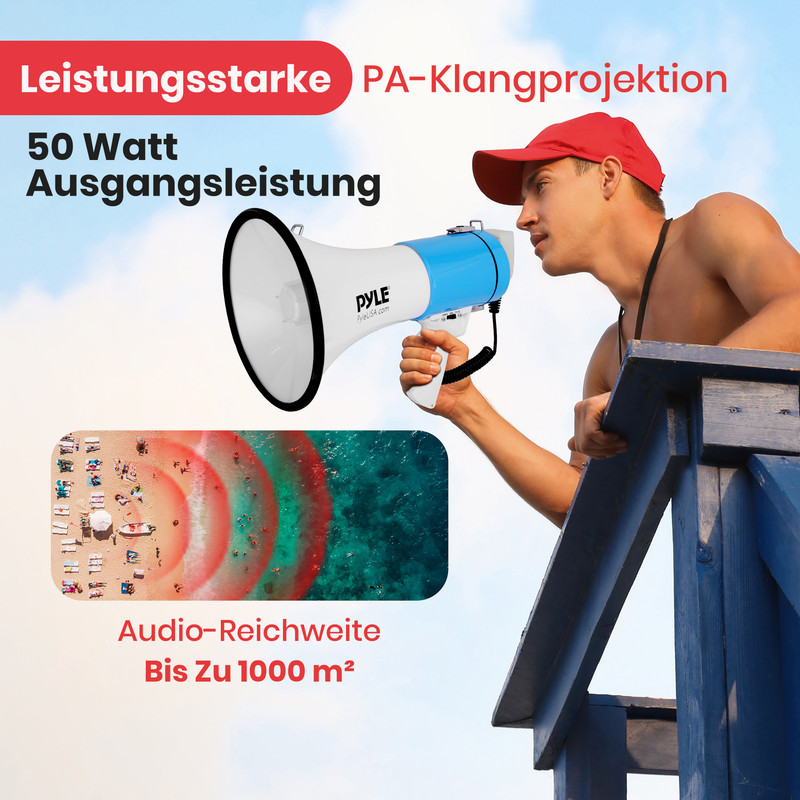 Mann mit Megafon, Strand und Meer mit Wellenanzeige. 50W Leistung.