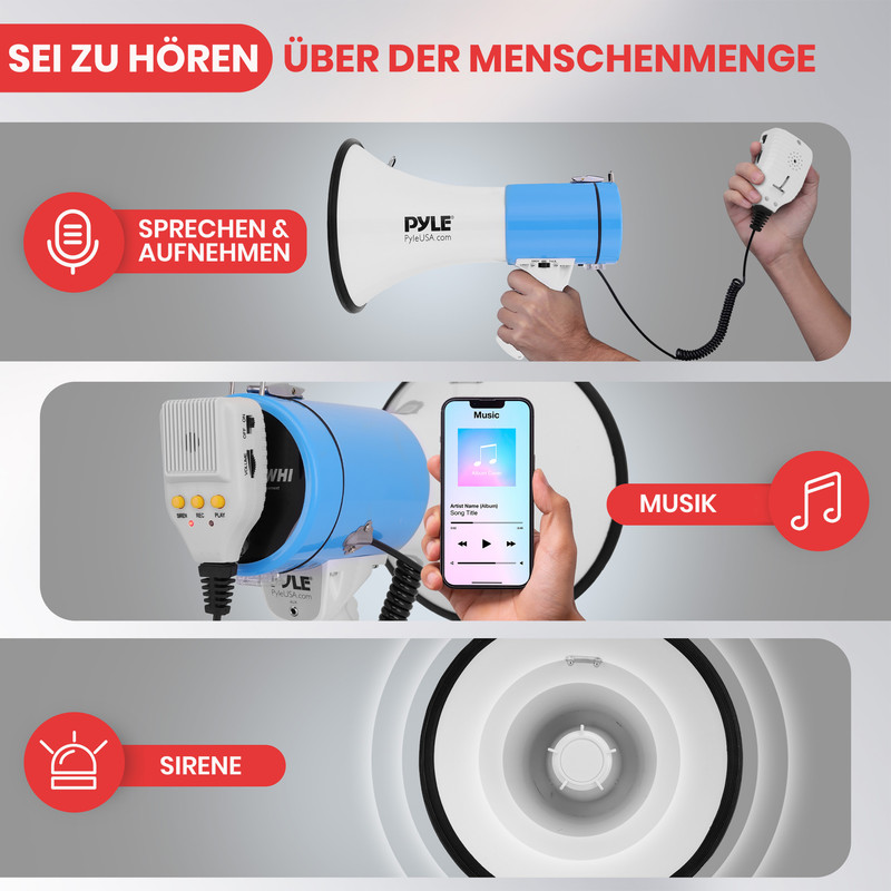 Ein Megafon mit den Funktionen Sprechen, Musik und Sirene.