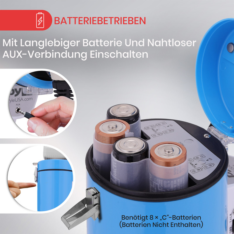 Ein blaues Gerät mit offenen Batteriefach und eingelegten C-Batterien.