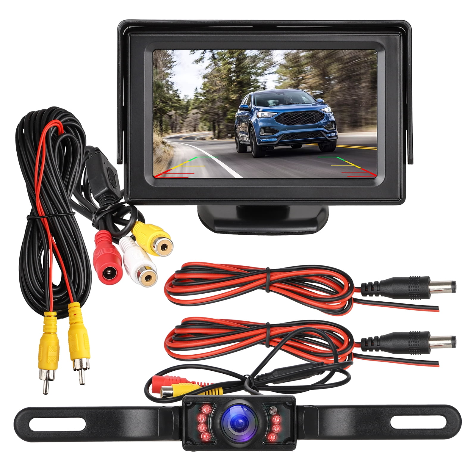 Rückfahrkamera-Set mit Monitor, Kabeln und Anschlussstücken.