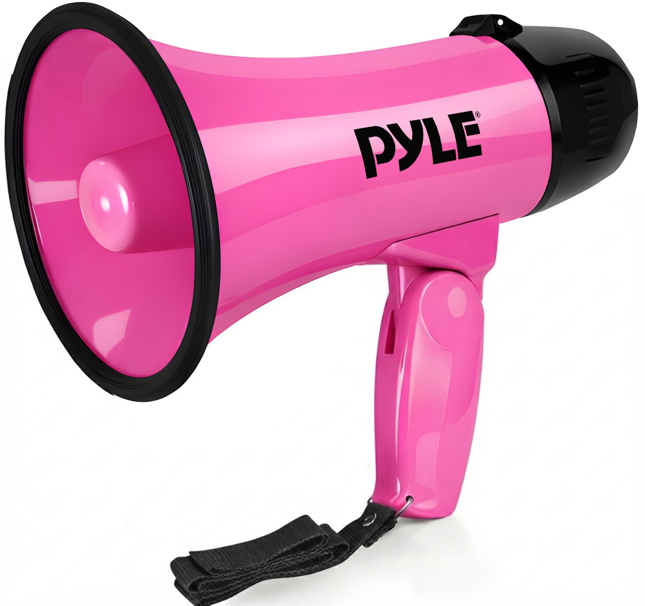 Ein pinker Megafon mit schwarzem Rand, Griff und Logo.
