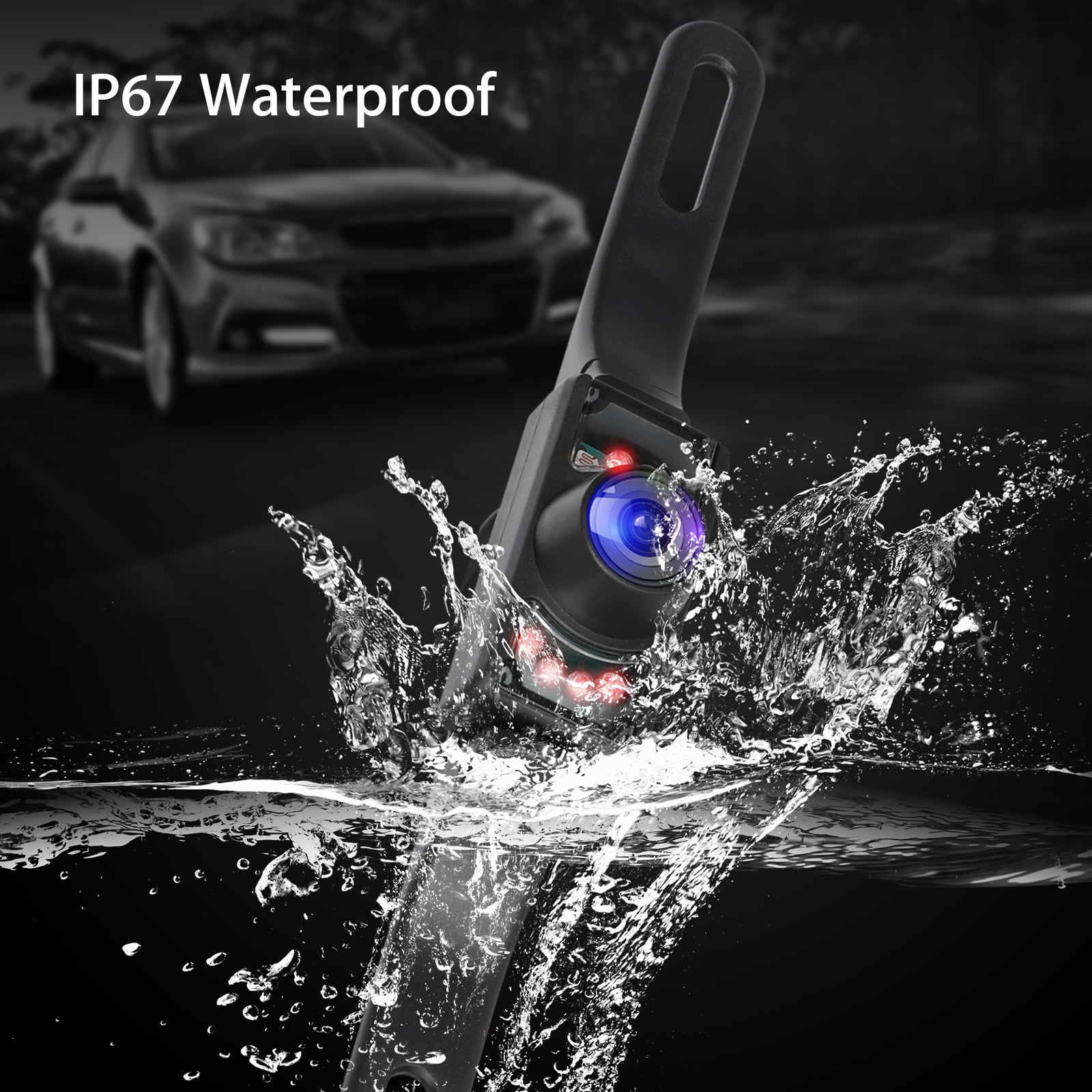 IP67 wasserdichte Kamera mit blauer Linse spritzt Wasser, Auto im Hintergrund.