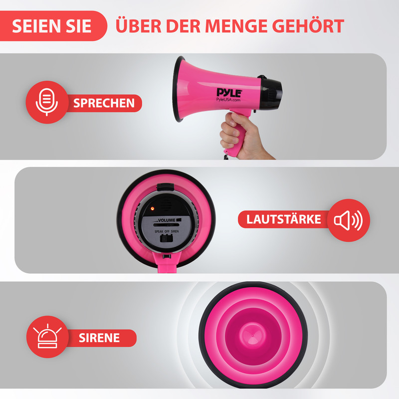 Pinker Megafon mit verschiedenen Funktionen: Sprechen, Lautstärke und Sirene.