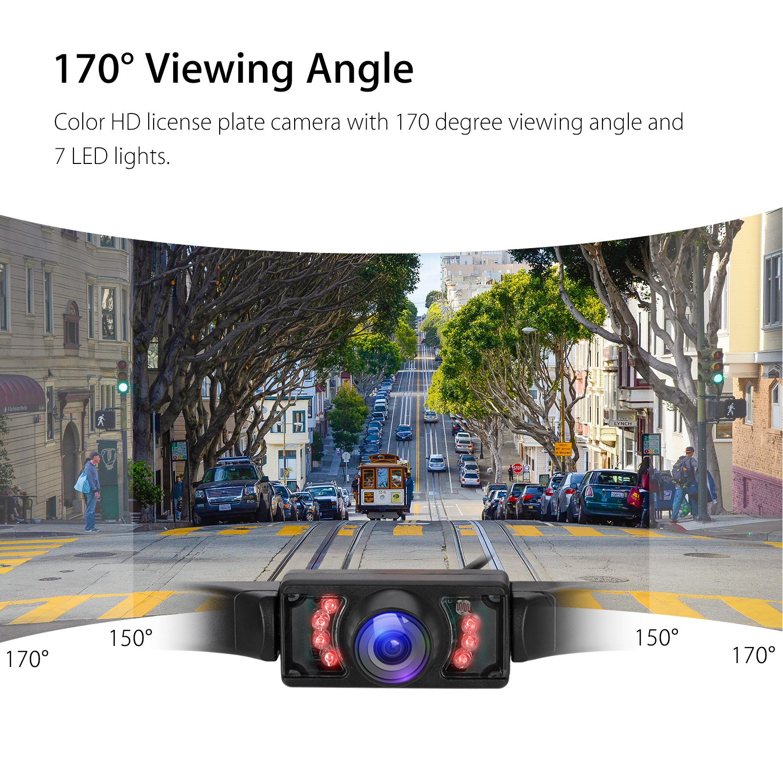Eine Rückfahrkamera mit 170° Blickwinkel und 7 LEDs auf einer Straße in San Francisco.