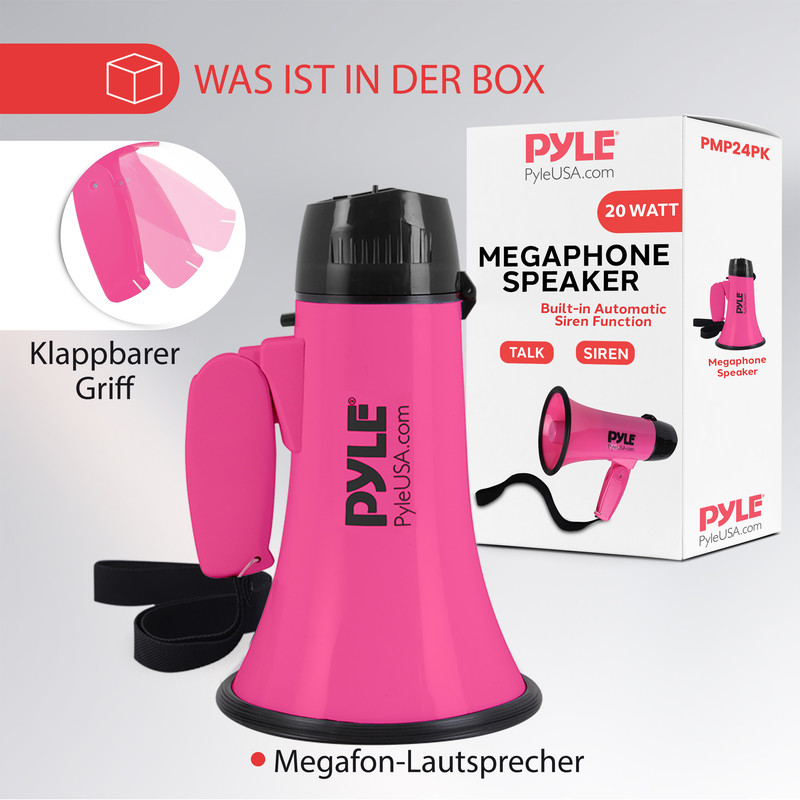 Ein pinker Megafon-Lautsprecher mit schwarzem Griff, Lautstärkeregler und Tragegurt.