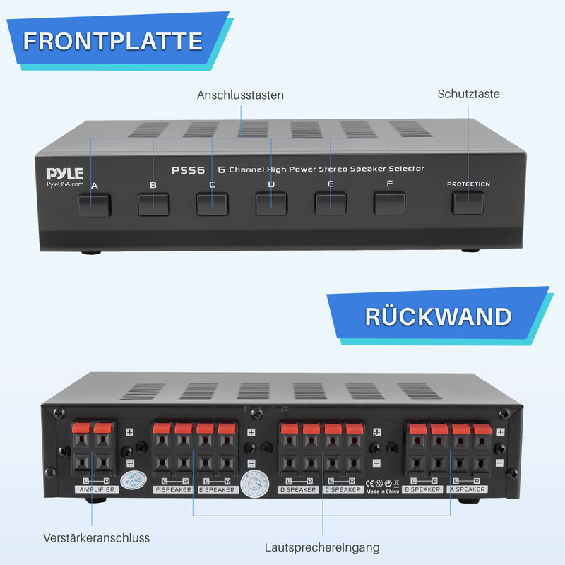 Vorder- und Rückansicht eines Pyle PS56 6-Kanal-Stereo-Lautsprecherschalters.