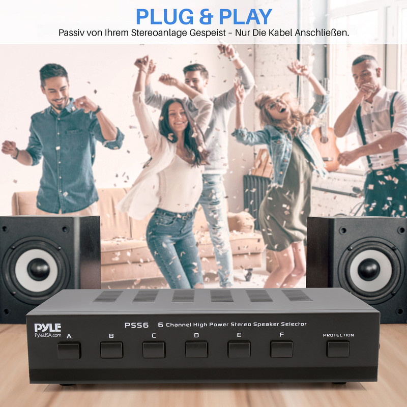 Ein Pyle Stereo-Lautsprecher-Selektor mit sechs Kanälen steht im Vordergrund, während vier Freunde tanzen.