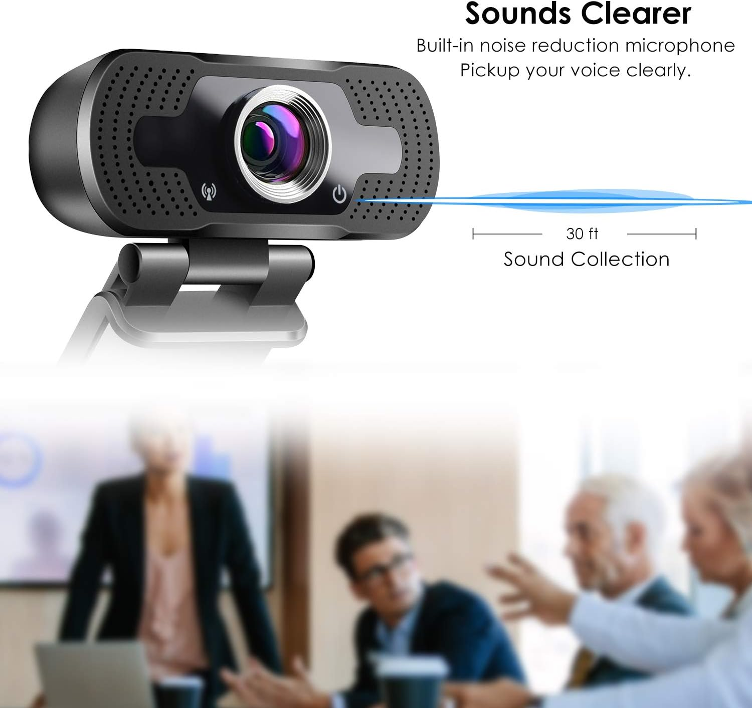 Webcam mit Geräuschunterdrückungsmikrofon für klare Sprachaufnahme bis zu 30 Fuß.