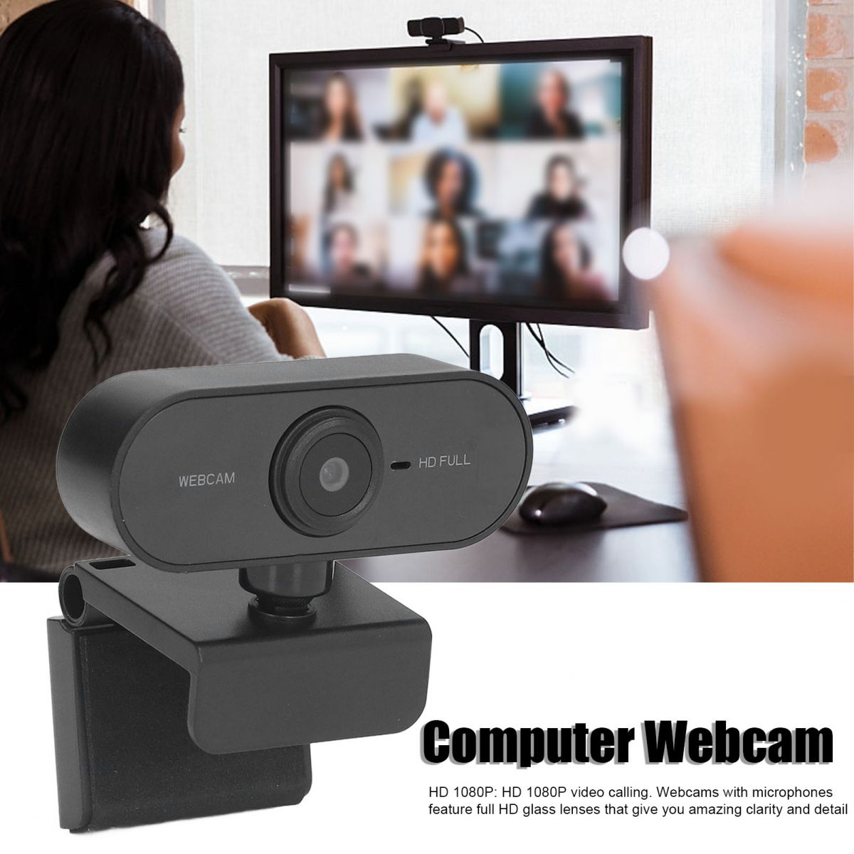Eine schwarze Computer-Webcam ist im Vordergrund, dahinter ein Videoanruf auf dem Bildschirm.