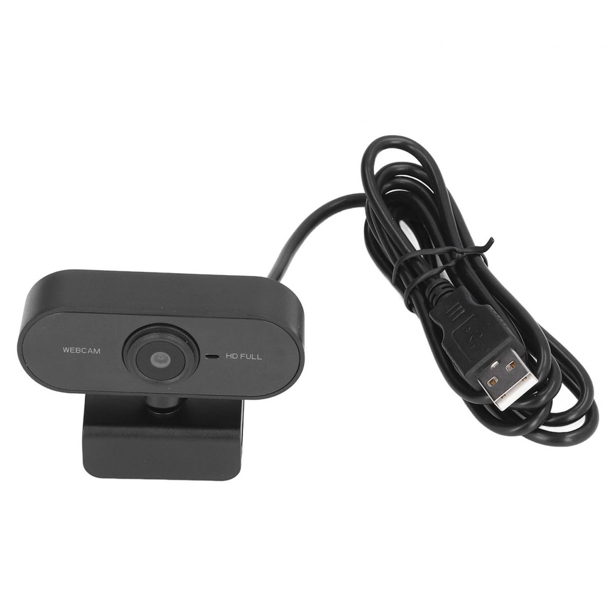 Schwarze Webcam mit USB-Kabel, beschriftet mit "WEBCAM HD FULL".