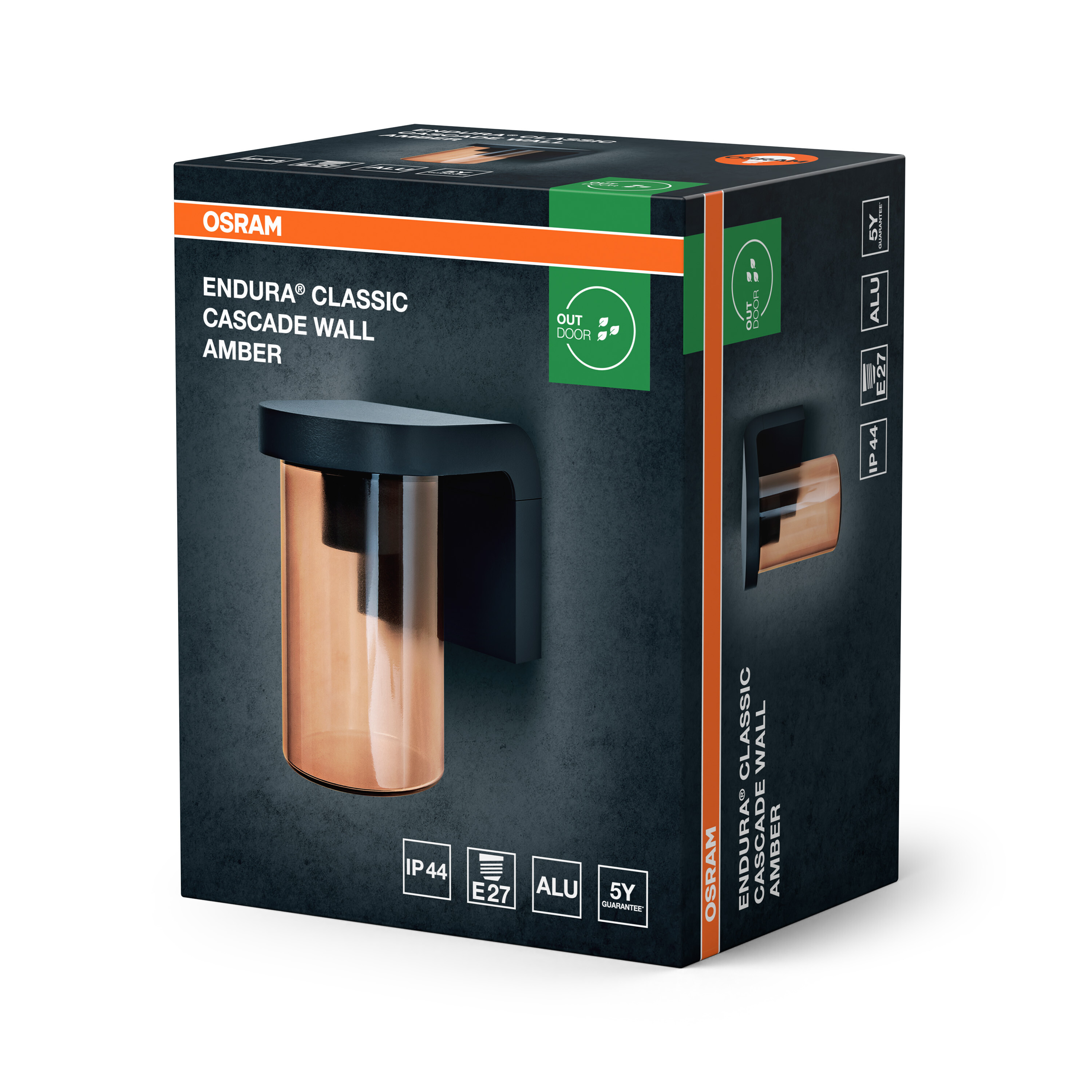Osram Endura Classic Cascade Wandleuchte, Bernstein, IP44, E27, Alu, 5 Jahre Garantie.