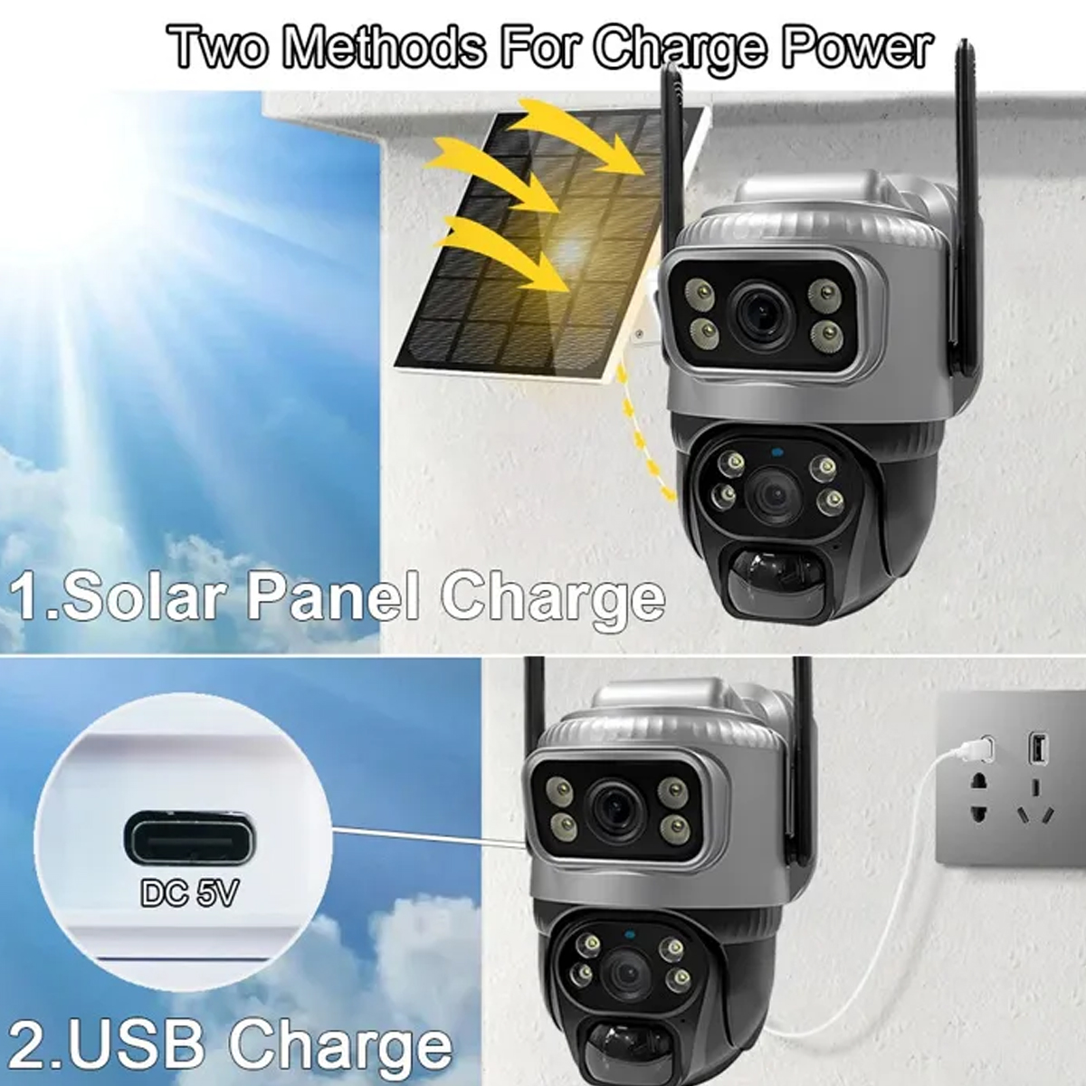 Überwachungskamera mit Solarpanel- und USB-Ladeoptionen. Zeigt Ladevorgänge.