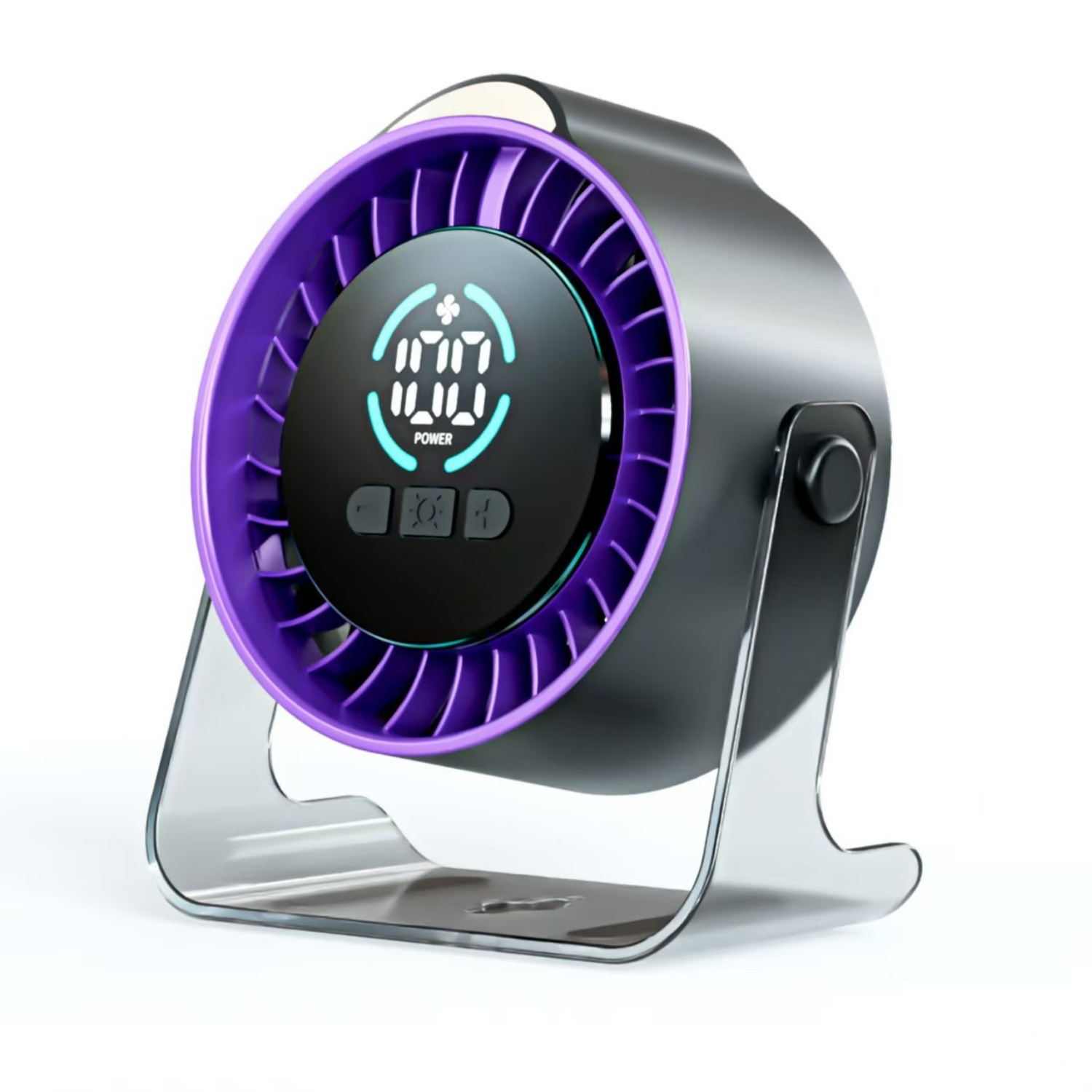 Ein moderner, tragbarer Ventilator mit lila Lüfterblättern und einem digitalen Display.