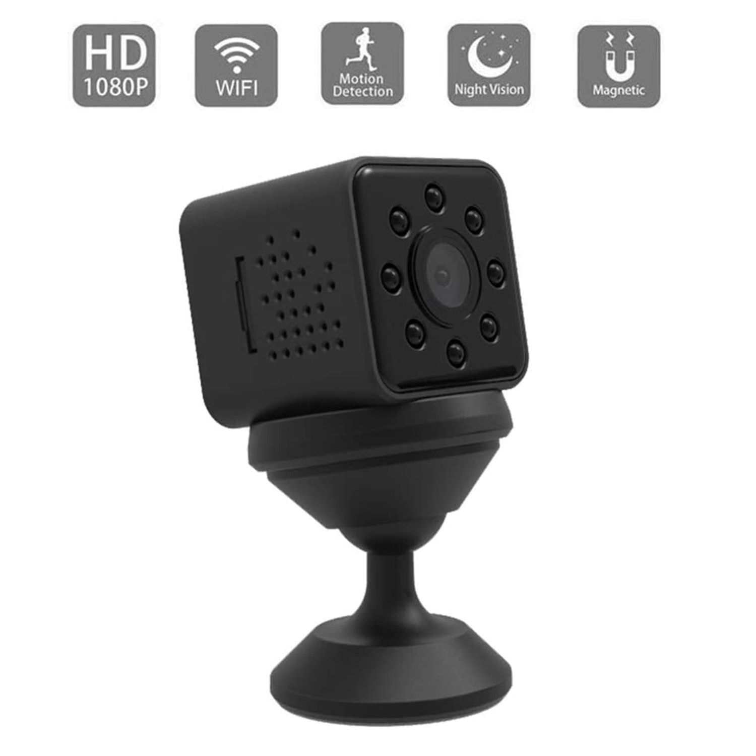Schwarze Minikamera mit HD 1080P, WLAN, Bewegungserkennung, Nachtsicht, Magnetisch.