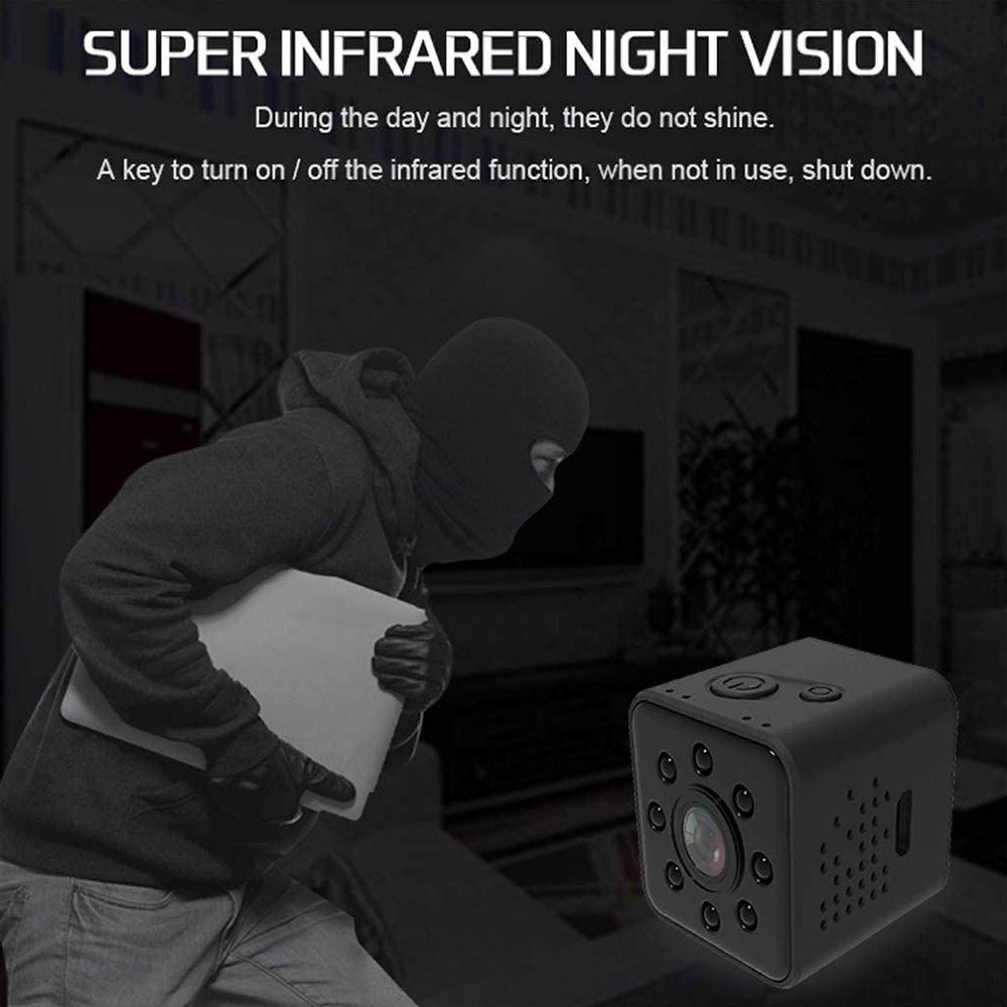 Ein Dieb mit Maske hält ein weißes Objekt. Eine kleine schwarze Kamera liegt daneben.