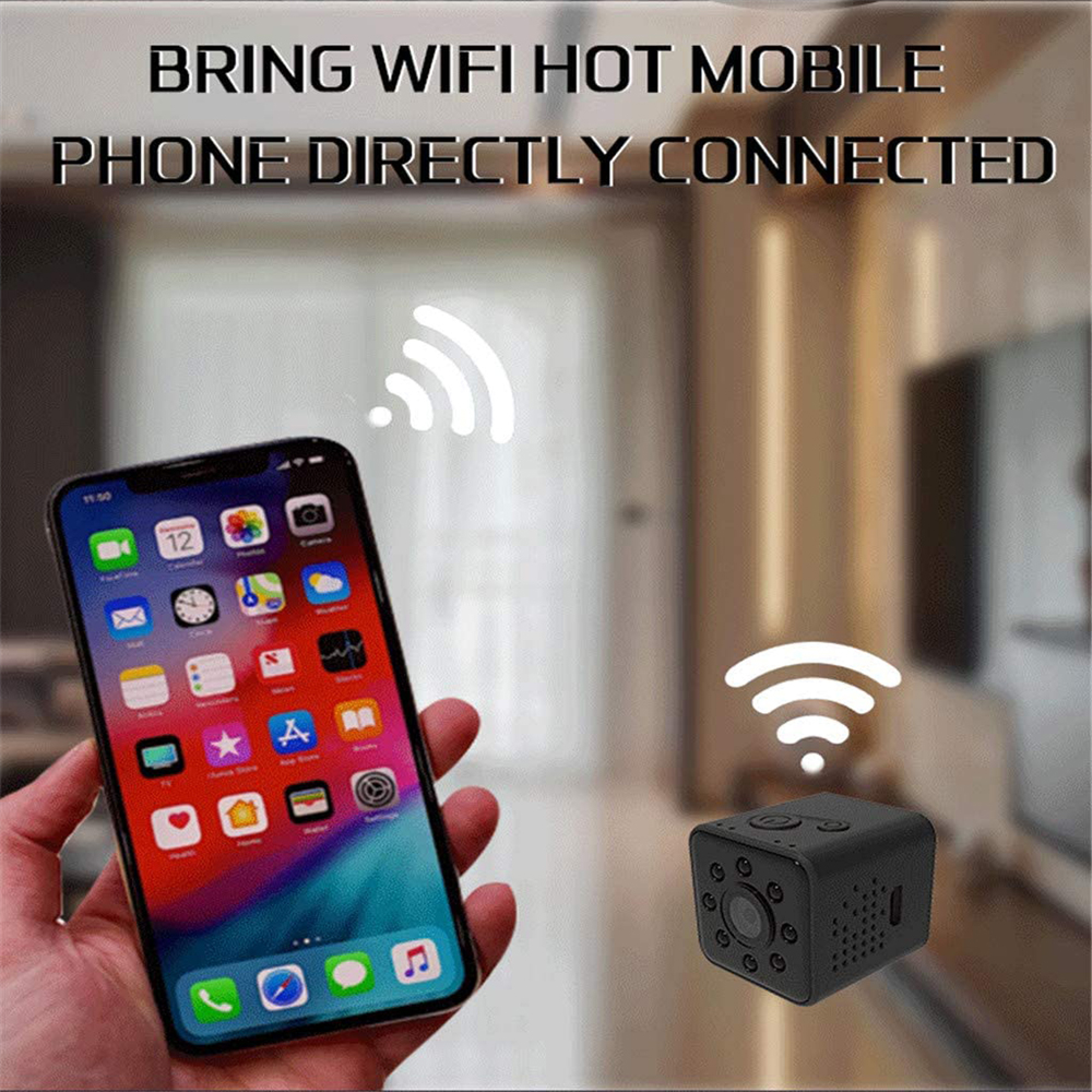 Ein Smartphone verbindet sich per WLAN mit einer kleinen schwarzen Kamera.