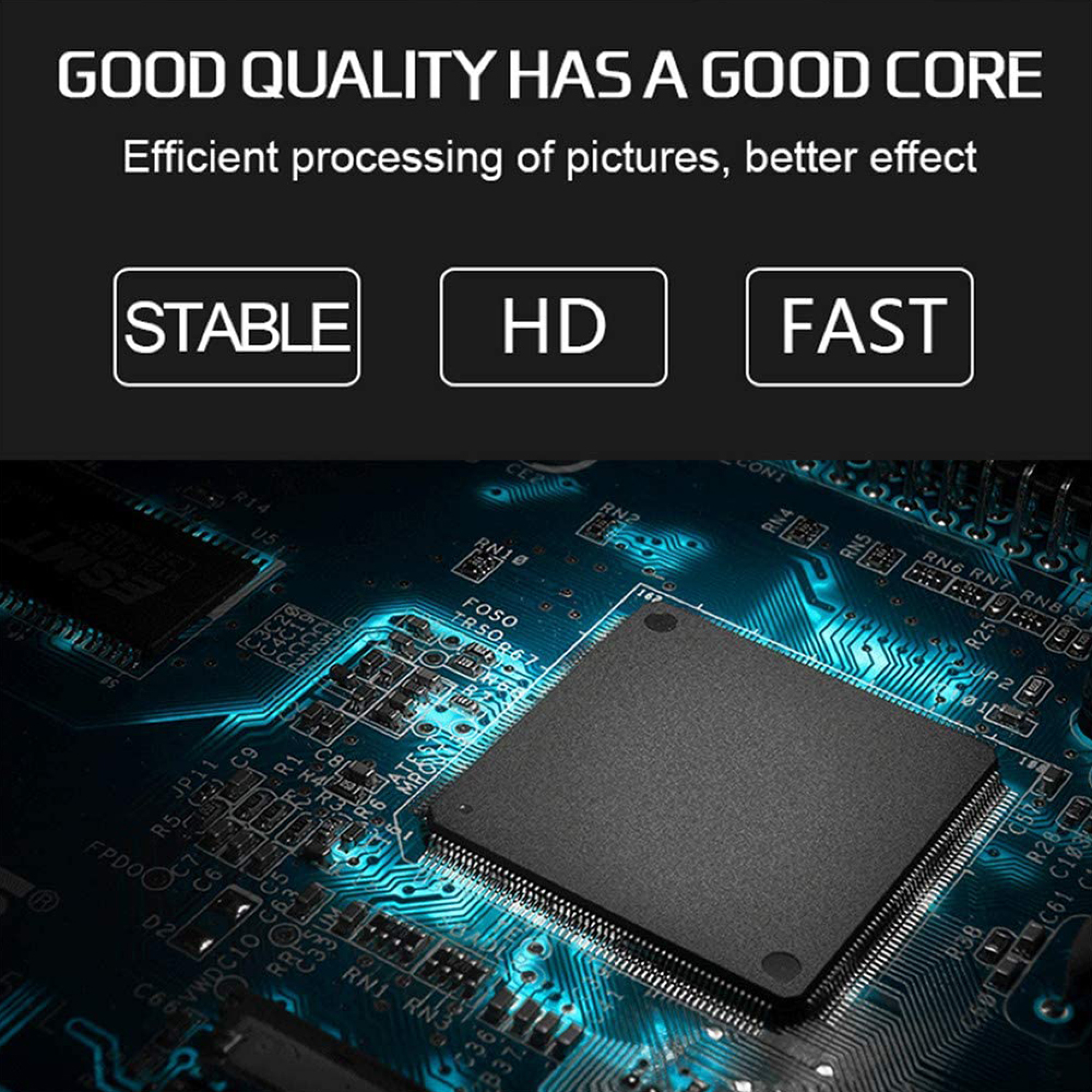 Eine dunkle Platine mit einem großen schwarzen Chip und blauen leuchtenden Schaltkreisen.